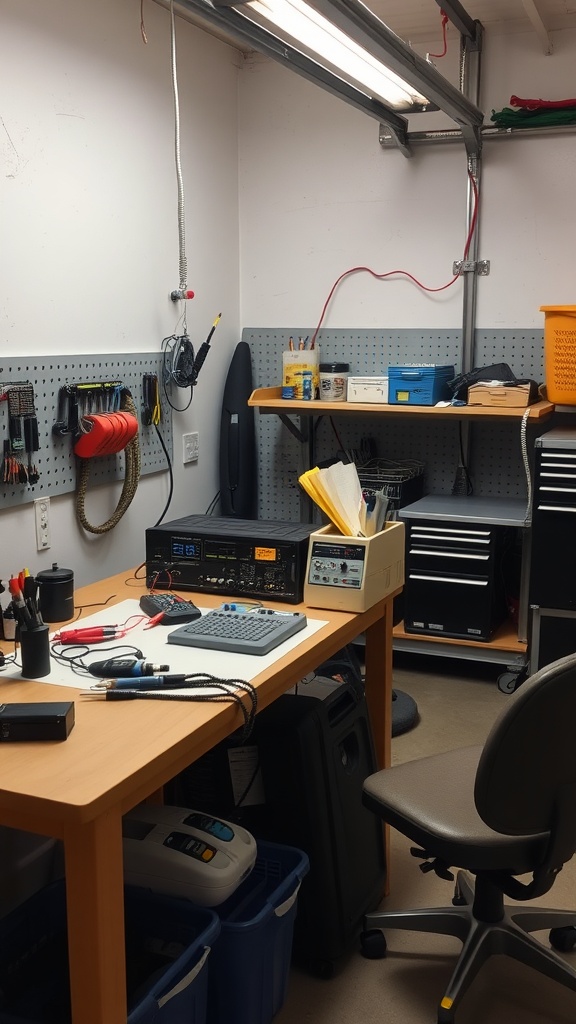 A dedicated electronics workstation featuring a wooden table, measuring instruments, a pegboard for tools, and good lighting.