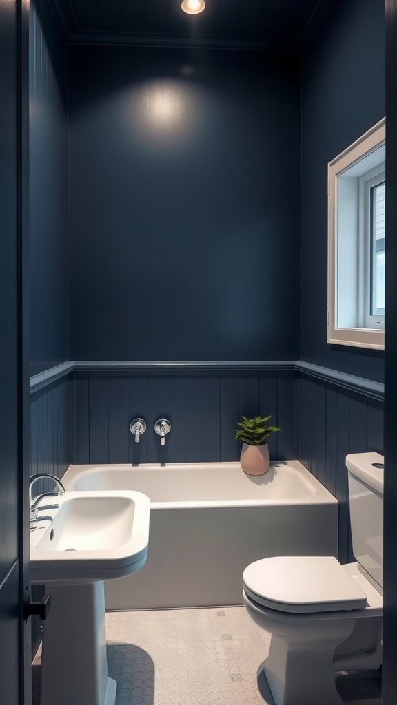 Modern bathroom featuring deep navy blue walls, white fixtures, and a potted plant.