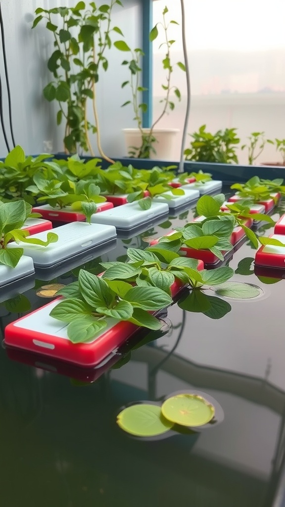 A deep water culture hydroponic system with plants growing on floating platforms in nutrient-rich water.