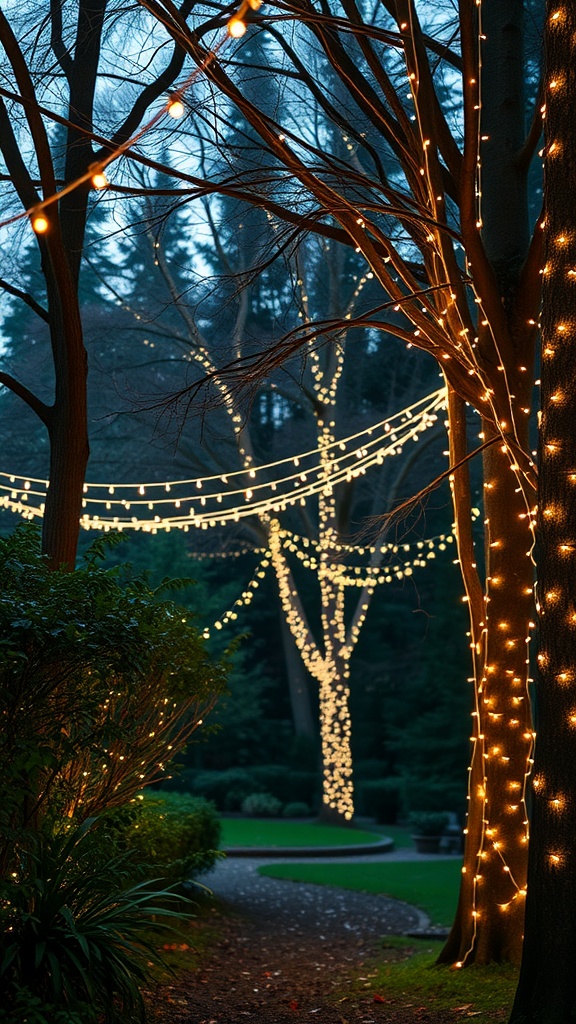 Fairy lights adorning trees in a garden path at dusk