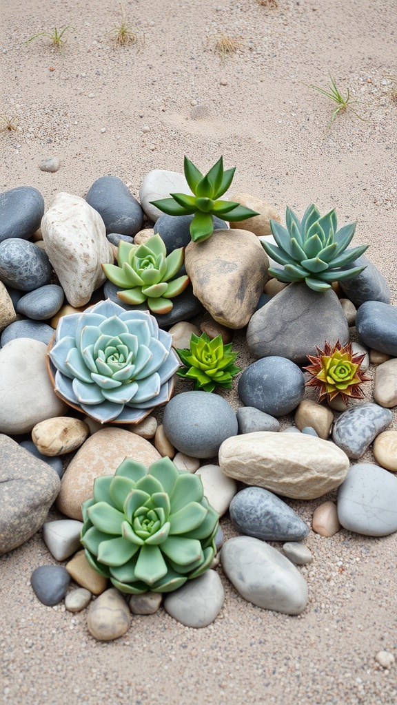 A rock garden featuring various succulents arranged among smooth stones on sandy ground.