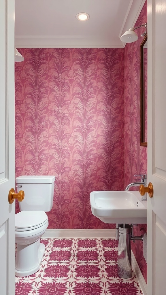 A bathroom with mauve patterned wallpaper, a white toilet, and a white sink, featuring floral design tiles on the floor.