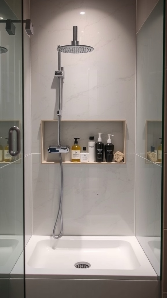 A modern shower niche with shampoo and body wash bottles in a stylish bathroom setting.