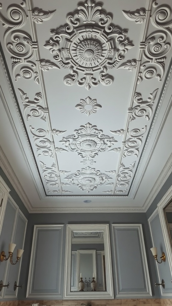 Ornate Victorian ceiling design featuring intricate plasterwork and a central medallion