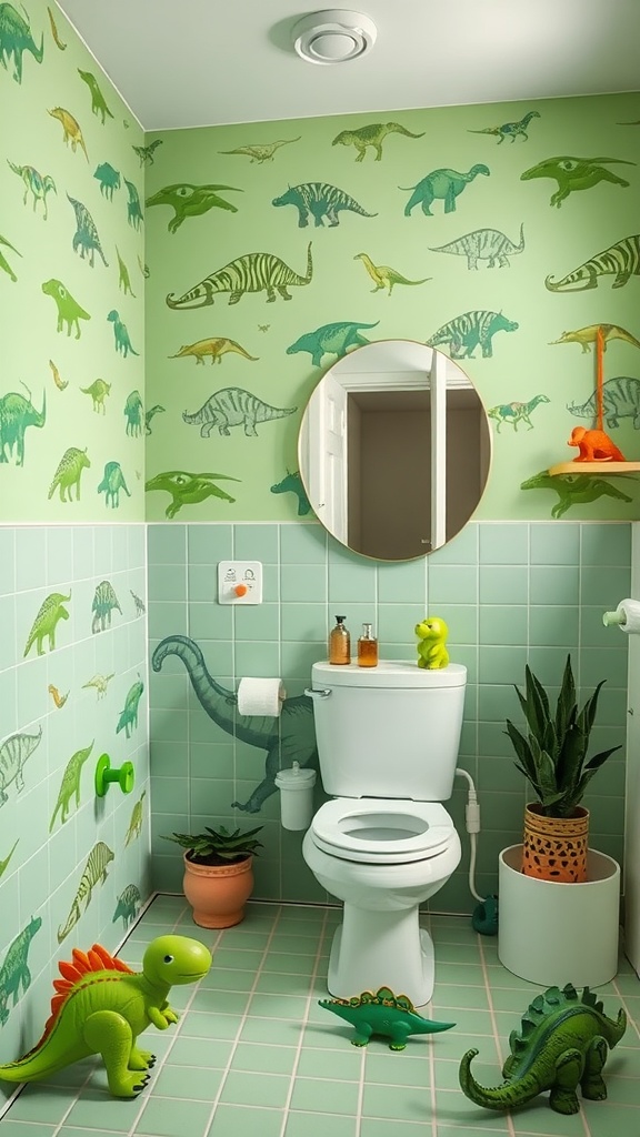 A playful dinosaur-themed bathroom with green tiles, dinosaur decals on the walls, and colorful dinosaur toys.