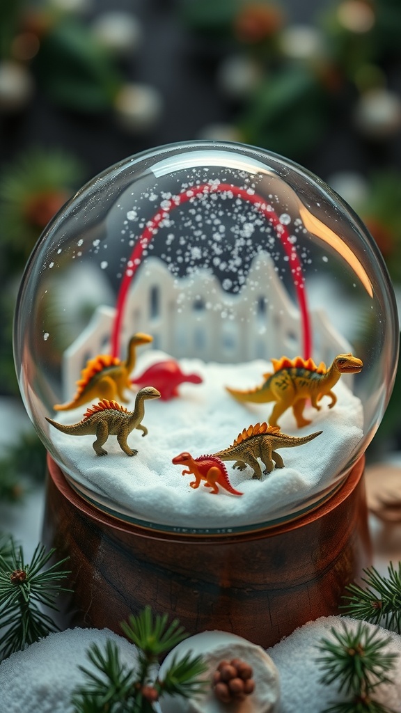 A dinosaur-themed snow globe with various dinosaur figures among white snow and a decorative base