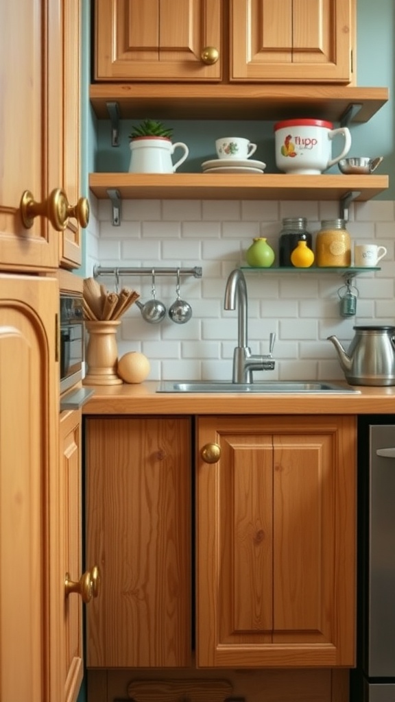 A cozy cottage kitchen featuring wooden cabinets with golden knobs, open shelving displaying colorful dishware, and a charming rustic vibe.