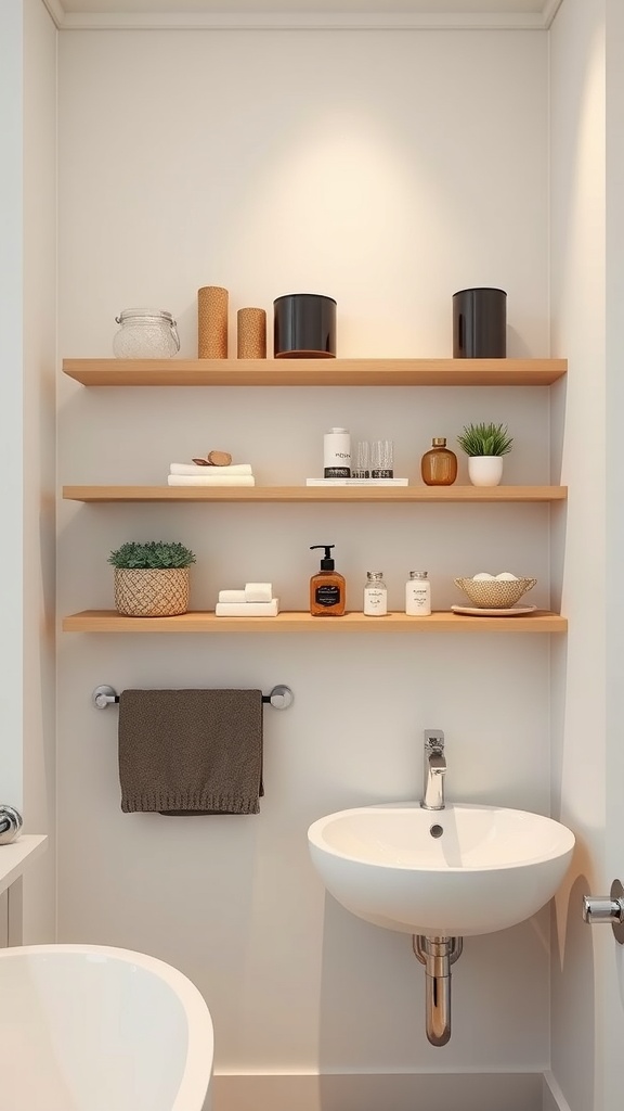 Floating shelves in a modern bathroom with decorative items and towels.