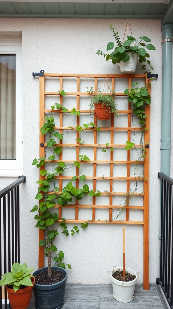 A wooden garden trellis with climbing plants, pots on the ground, and a cozy balcony atmosphere.