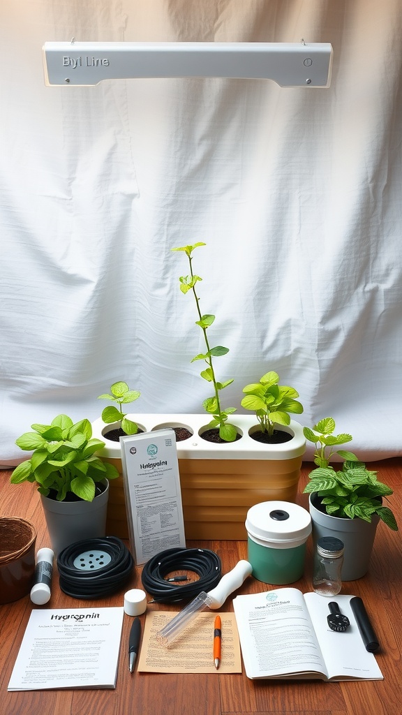 A DIY hydroponic kit featuring plants, tools, and a light fixture on a wooden surface.