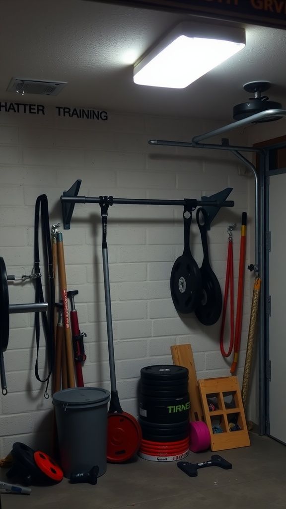 A garage gym featuring a DIY wall-mounted pull-up bar and various weights organized nearby.