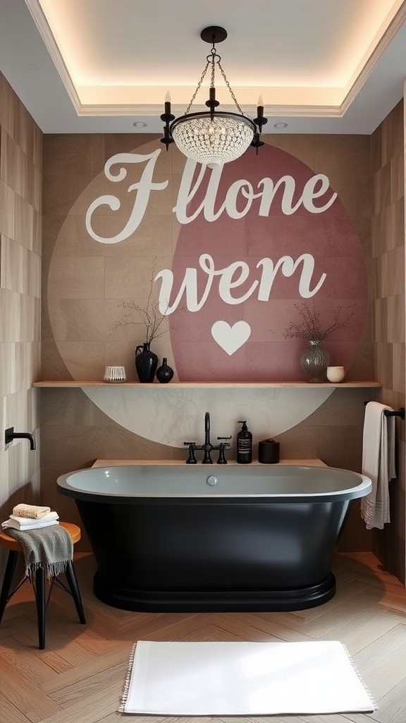 A luxurious bathroom featuring a dramatic black bathtub, stylish wall art, and elegant lighting.