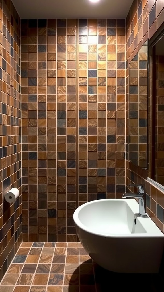 Brown tiled bathroom featuring a unique pattern with a white sink