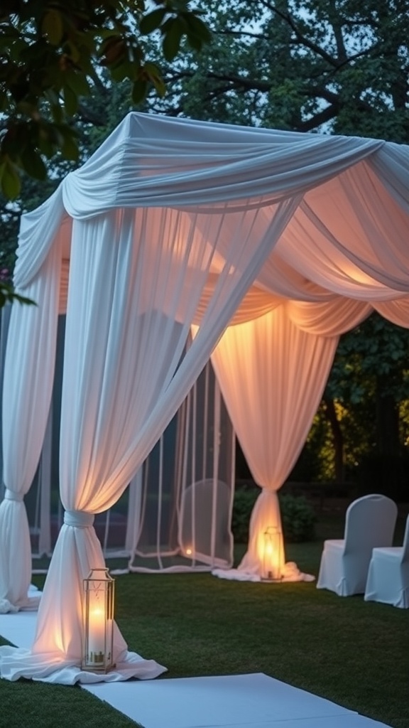 A canopy tent draped with white fabric, illuminated by soft lantern light, set in a garden for a wedding.