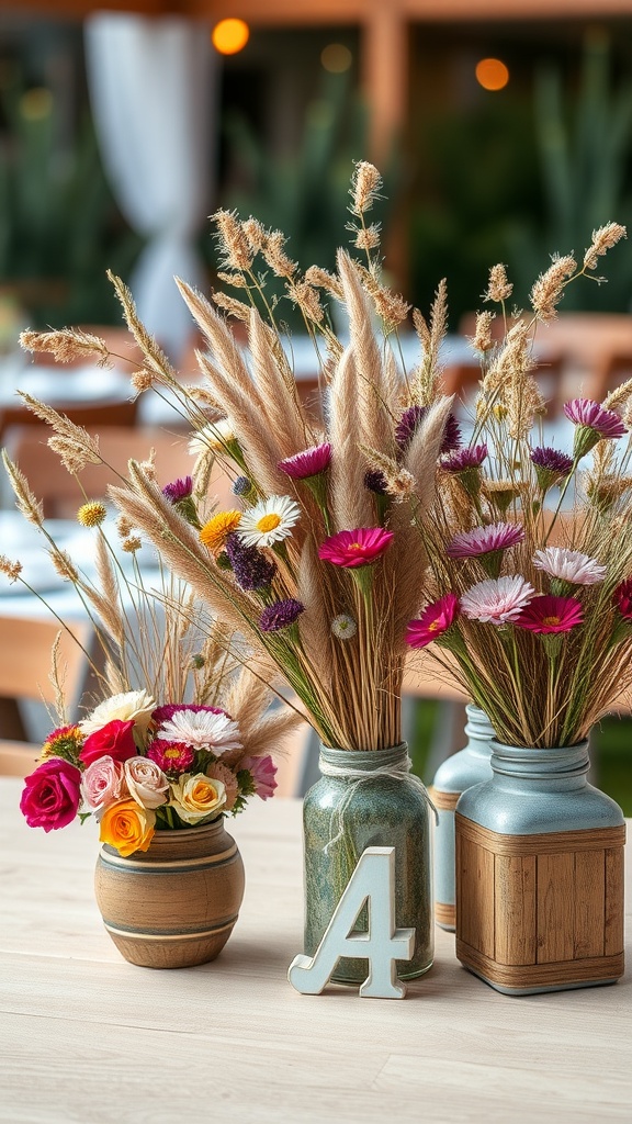 Dry floral arrangements with pampas grass and colorful blooms in rustic vases.