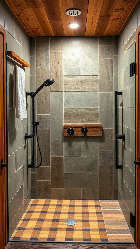 Rustic walk-in shower with dual showerheads and checkered floor