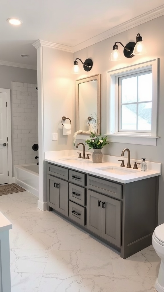 Modern farmhouse bathroom featuring dual sinks with stylish fixtures.