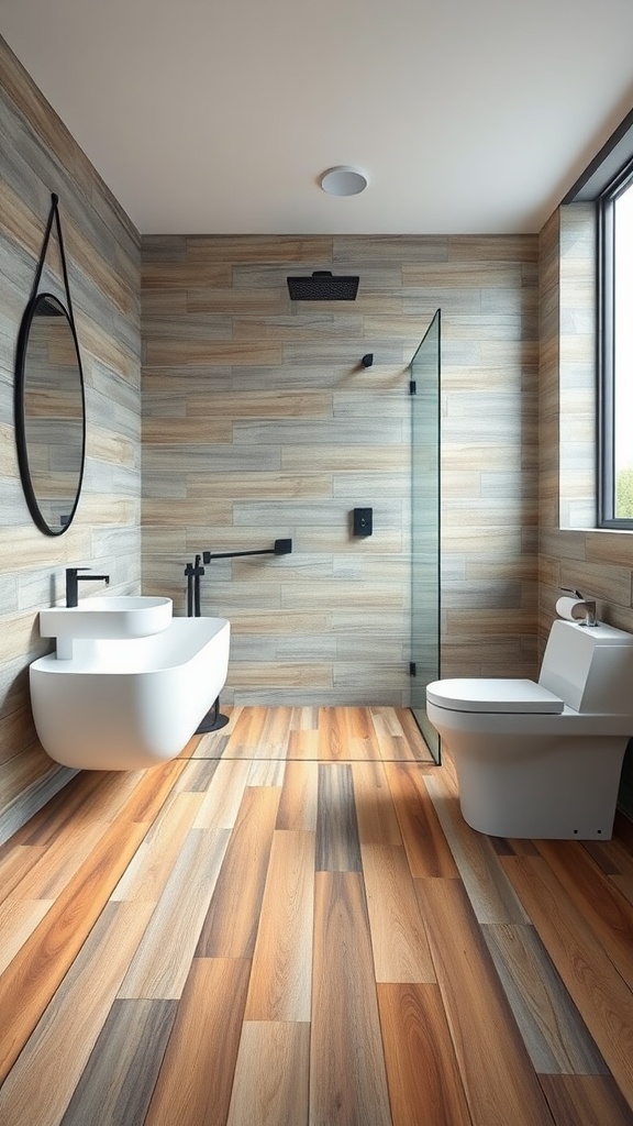 A modern bathroom featuring durable laminate flooring with a mix of warm wood tones, complemented by contemporary fixtures and design.