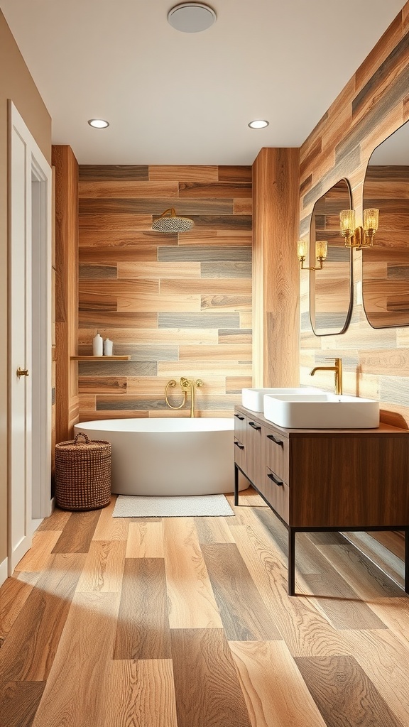 A modern bathroom featuring dynamic porcelain plank tiles that resemble wood, with warm tones and stylish fixtures.