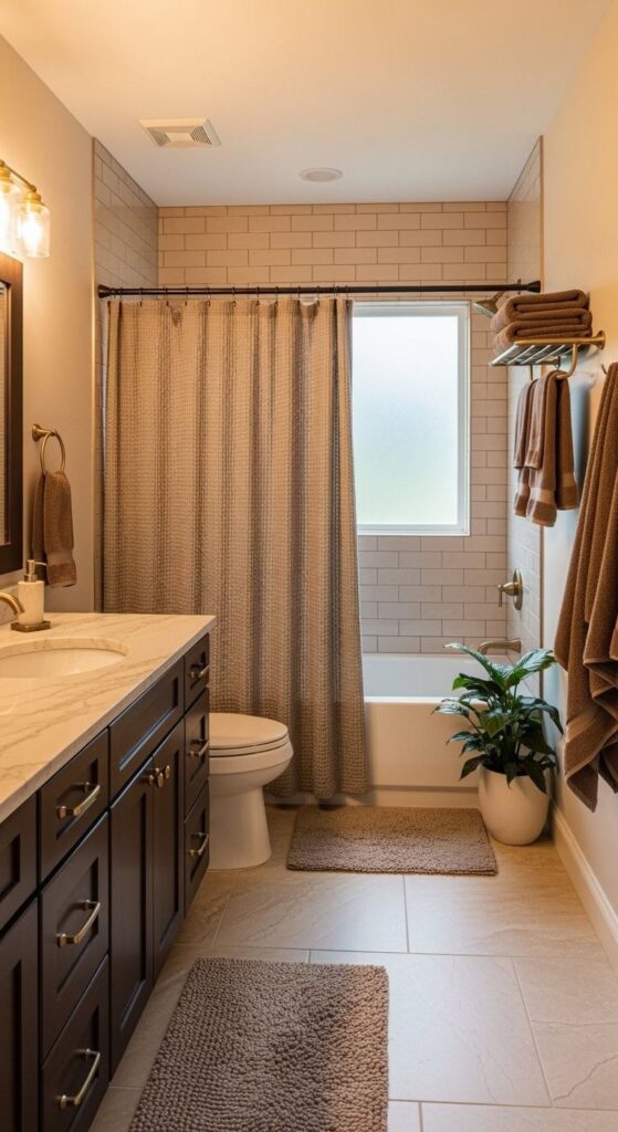 Nature-inspired bathroom with brown tones, wood ceiling, freestanding tub, and plants