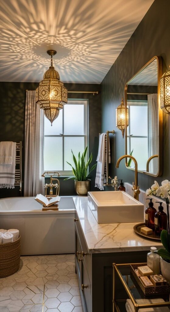 Modern bathroom with brown-toned lighting, wood vanity, and warm styling
