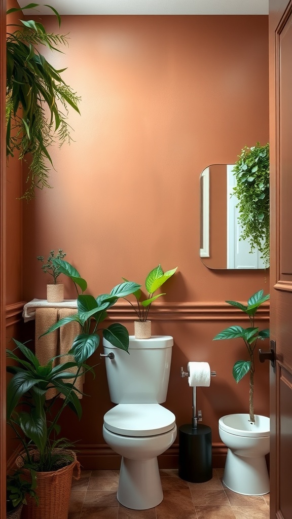 A cozy bathroom featuring earthy brown walls with decorative plants, a toilet, and a mirror.