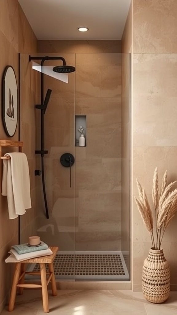 Rustic walk-in shower with earthy color palette and modern fixtures