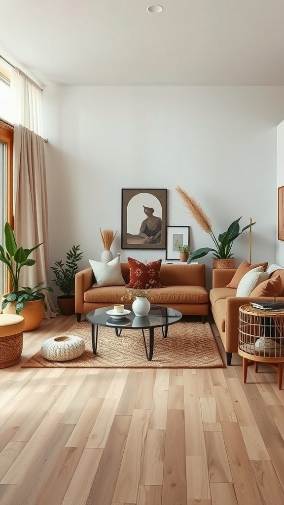 A warm and inviting living room featuring earthy tones, plants, a plush sofa, and natural materials.