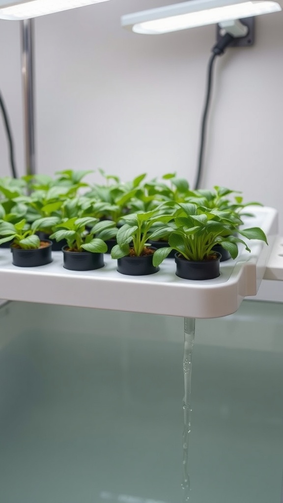 Ebb and flow hydroponic system with young plants and water draining into a reservoir