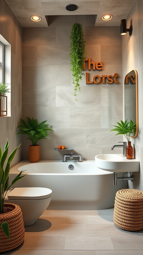 Eco-friendly bathroom featuring plants, modern fixtures, and sustainable materials.