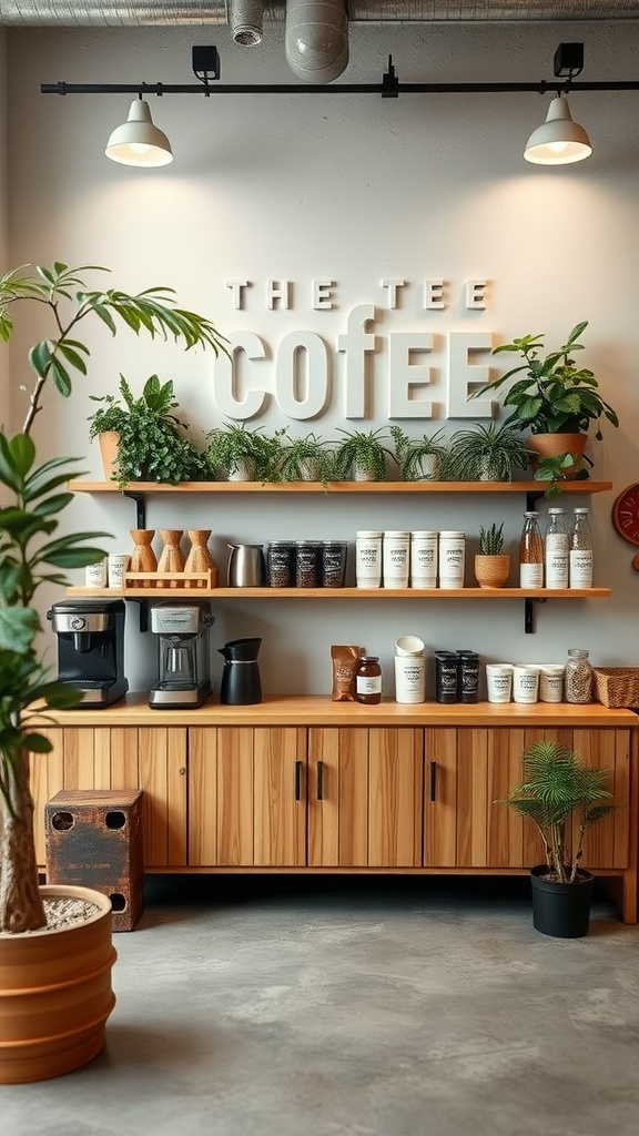 A cozy eco-friendly coffee station with plants, wooden shelves, and coffee essentials.