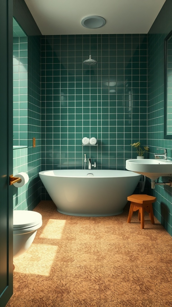 A stylish bathroom featuring cork flooring, teal tiles, and modern fixtures.