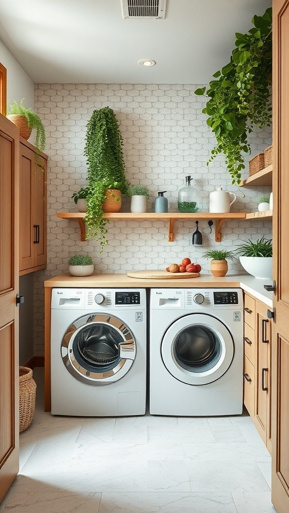 Eco-friendly laundry room with wooden cabinets and plants