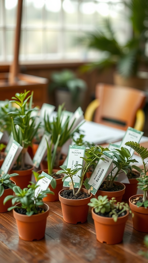 Small potted plants arranged on a wooden table, each with a label, perfect for eco-friendly wedding favors.