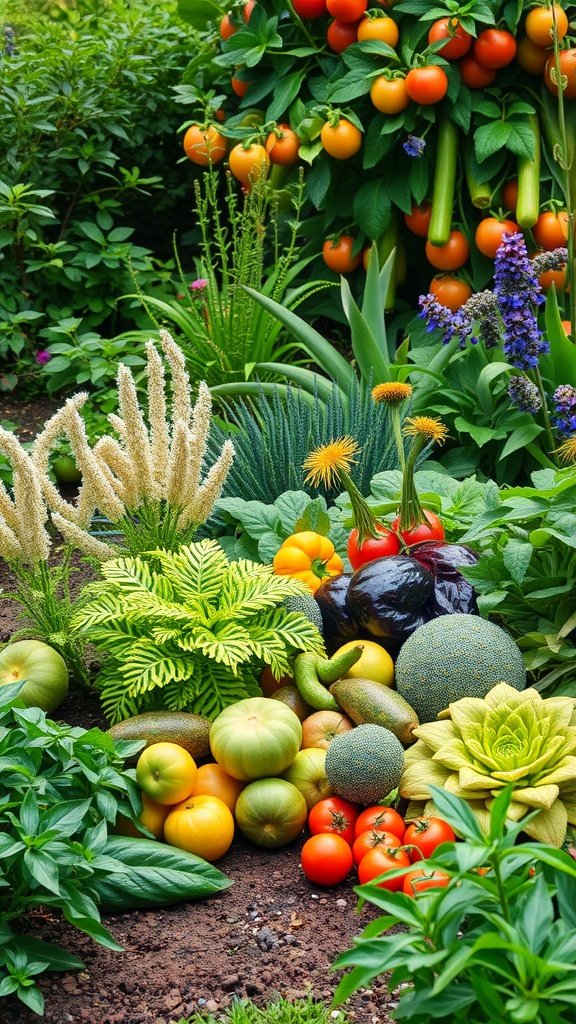 A vibrant edible garden featuring a variety of fruits and vegetables arranged beautifully.