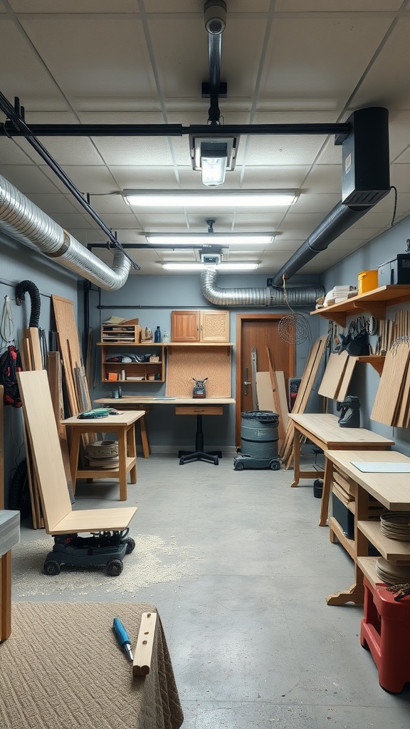 A spacious garage workshop with a dust collection system visible on the ceiling, showcasing organized workspaces and tools.