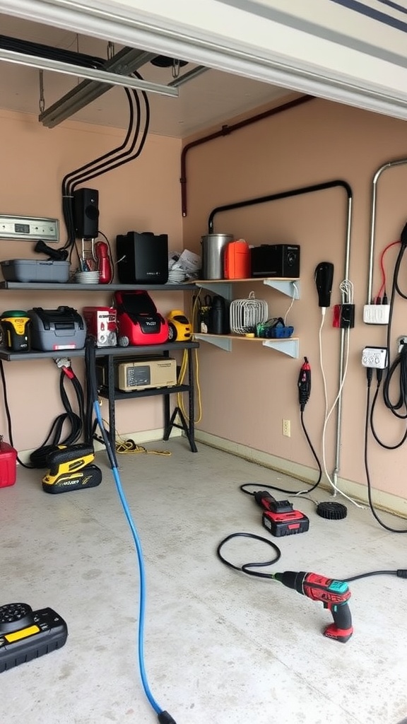 Well-organized garage workshop with tools and efficient electrical setup