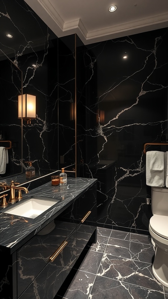 A modern bathroom featuring elegant black marble walls and countertop, complemented by gold fixtures and warm lighting.