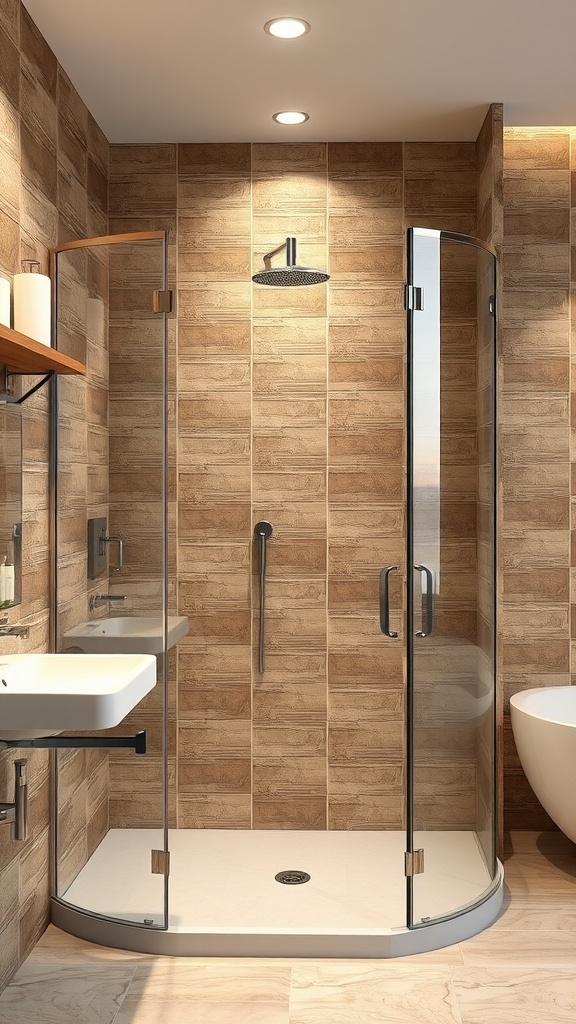 Modern brown glass shower enclosure in a stylish bathroom with warm earthy tiles.