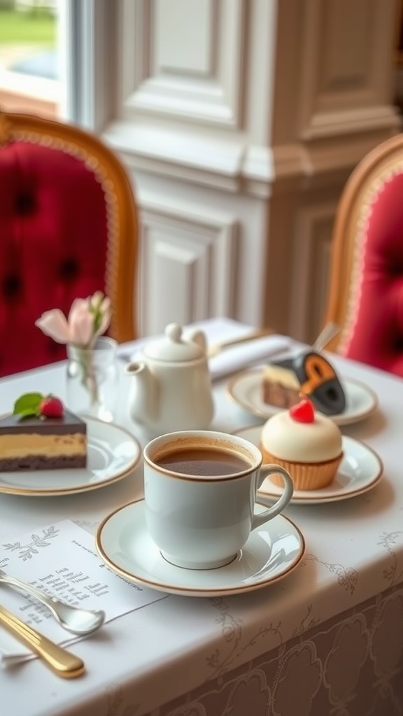 A beautifully arranged coffee and dessert setting featuring a coffee cup, chocolate cake, cupcake, and flower.