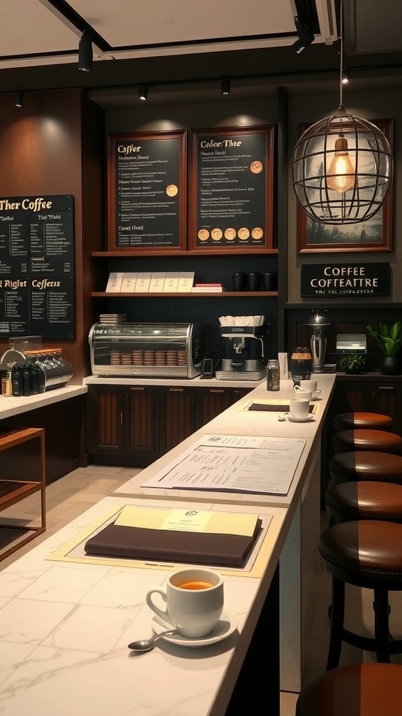 Elegant coffee tasting area with a marble countertop, coffee displayed, and menu boards