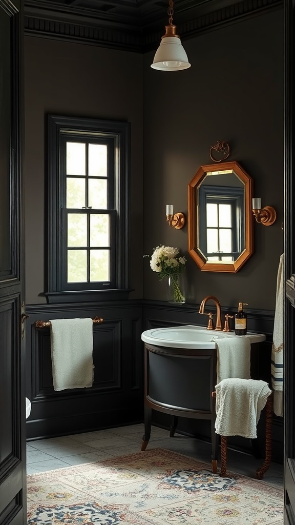 A beautifully designed Victorian-inspired bathroom with dark walls, a white tub, copper fixtures, and a colorful rug.