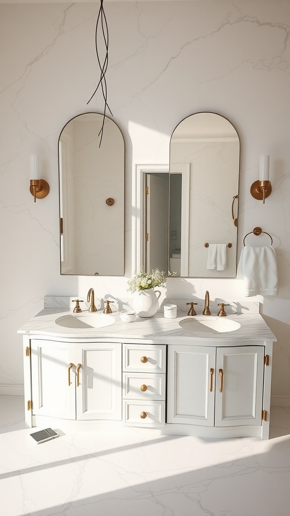 Elegant double sink vanity with a marble countertop, featuring golden fixtures, arched mirrors, and a bright, airy bathroom setting.