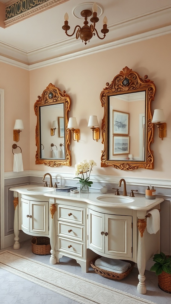 Elegant double vanity setup with ornate mirrors and warm lighting in a bathroom