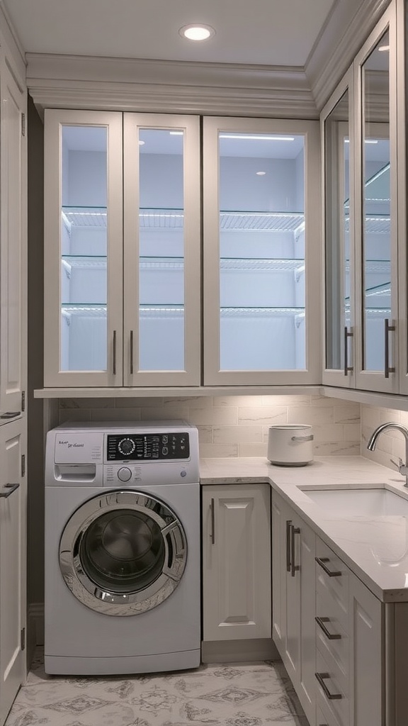 Laundry room featuring elegant glass-front cabinets, a washing machine, and a modern countertop.