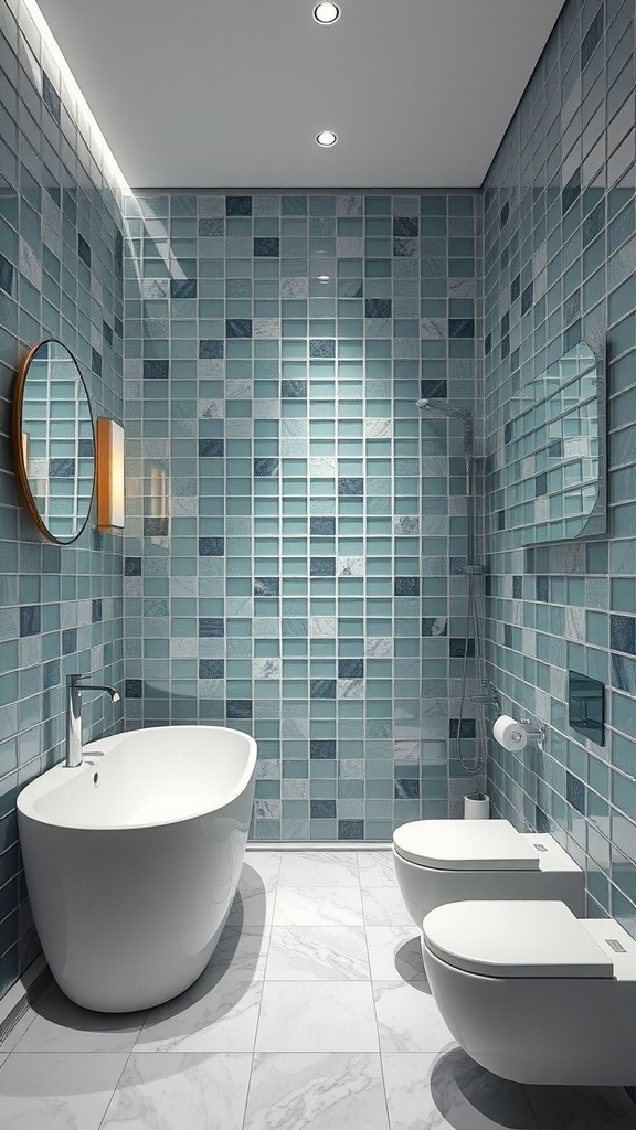 A modern bathroom featuring blue glass tiles on the walls, a freestanding tub, and sleek fixtures.