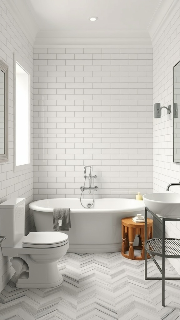 Bathroom with herringbone tile floor, white walls, and modern fixtures.