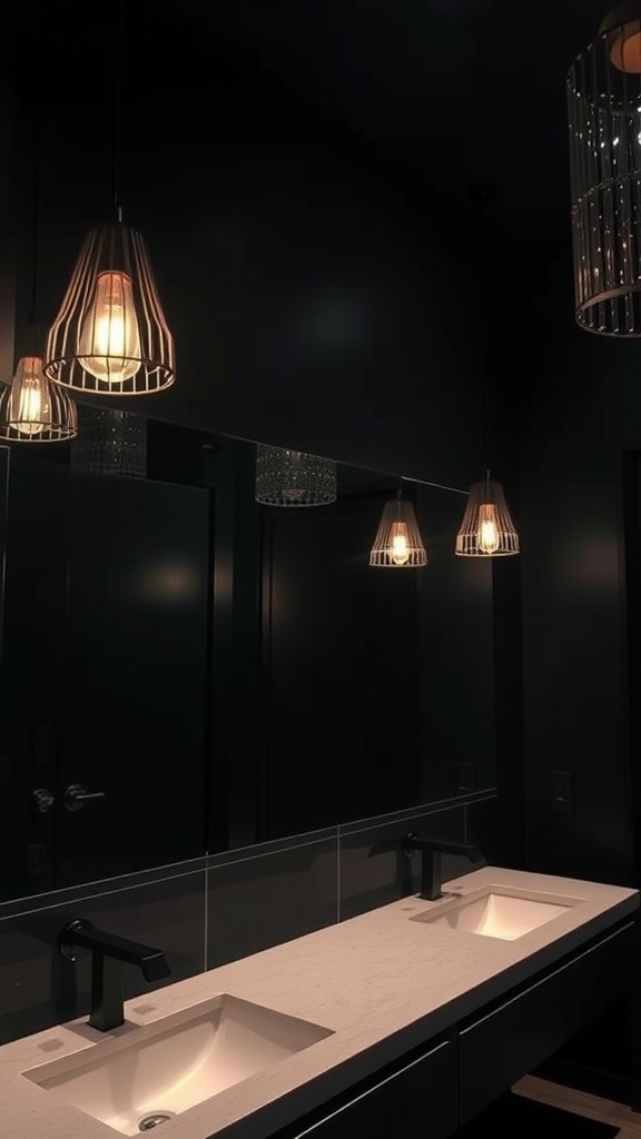 Two sinks with modern pendant lights overhead in a dark bathroom