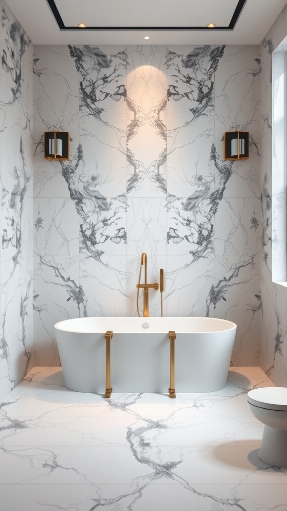 A modern bathroom with elegant marble tiles on the walls and floor, featuring a freestanding tub and gold fixtures.