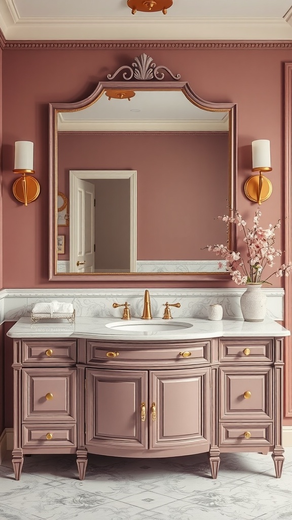 A mauve bathroom vanity with ornate details, gold fixtures, and a decorative mirror.